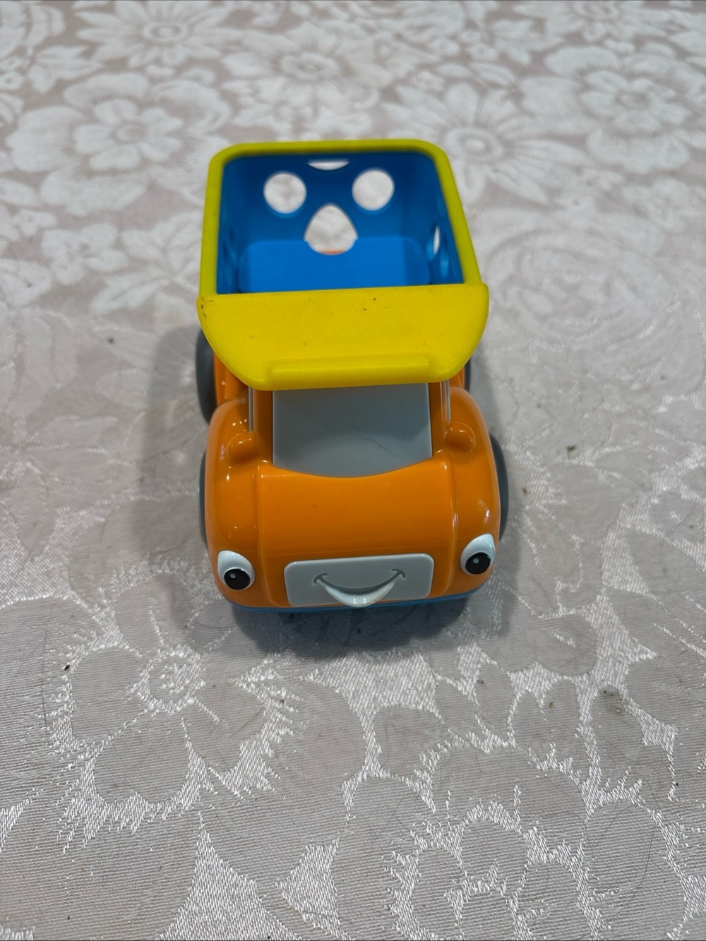 Kids Orange and Yellow Dump Truck Toy with Blue Bed - Friendly Face Vehicle
